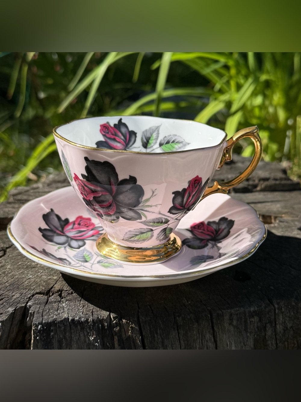 VINTAGE Royal Albert Masquerade Pink Teacup & Saucer Set - RARE Black Roses